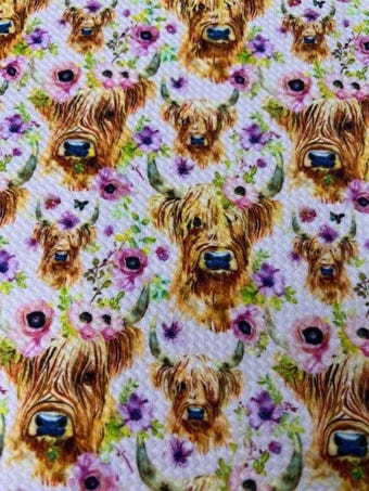 Highland Cow Bullet Knit Fabric: Purple Floral Cow on bullet liverpool knit fabric