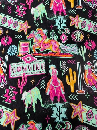 Neon Rodeo Cowgirl Cotton Fabric on 100% woven cotton fabric
