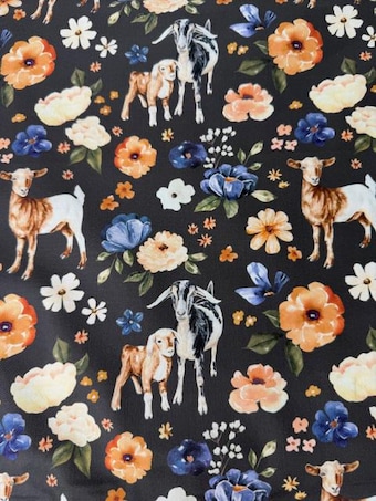 Cate & Rainn Floral Goats Cotton Fabric on 100% woven cotton fabric