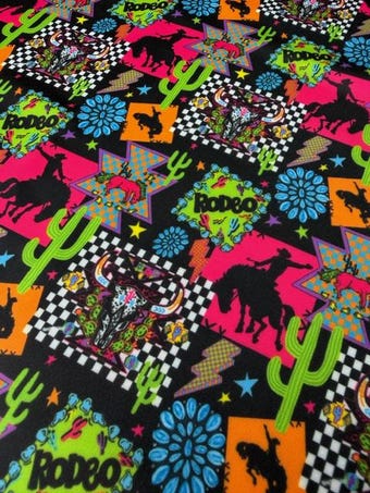 Retro Neon Rodeo Spandex Fabric - "Rodeo" Cowboy Print on other fabric