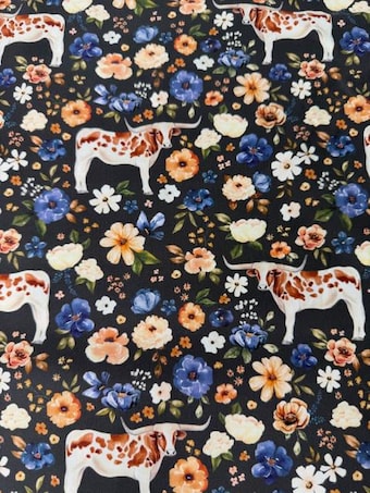 Cate & Rainn Longhorn Cattle Floral 100% Cotton Woven Fabric on 100% woven cotton fabric