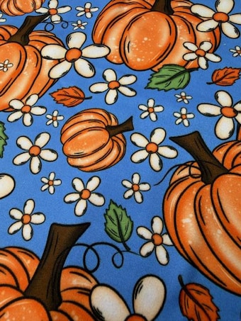 Groovy Blue Pumpkin Patch DBP Fabric on double brushed poly fabric