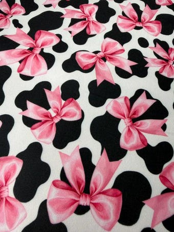 Buttery Soft Pink Coquette Bow Cow Print DBP Fabric on double brushed poly fabric
