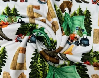 CAMP Themed DBP Fabric - 58-60" Wide Soft Knit - Bear, Tent & Campfire Print, Camping Fabric, Ships Fast!