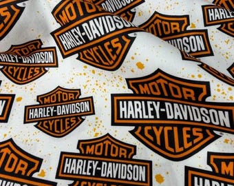 Classic Motorcycle Shield Cotton Fabric, Orange and Black Logo Print, 100% Cotton 60" Wide, Biker Theme Quilting Fabric, Continuous Yards