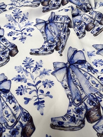 Chinoiserie Cowboy Boot Fabric: Blue Floral Quilting Cotton on 100% woven cotton fabric