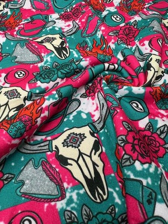 Pink & Teal Cow Skull Fabric: Boujee Western DBP Knit - Buttery Soft on double brushed poly fabric