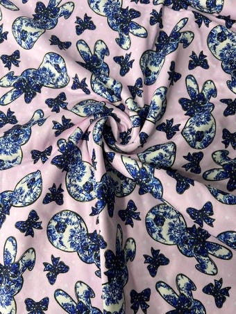 Adorable Floral Bunnies with Coquette Bows on double brushed poly fabric