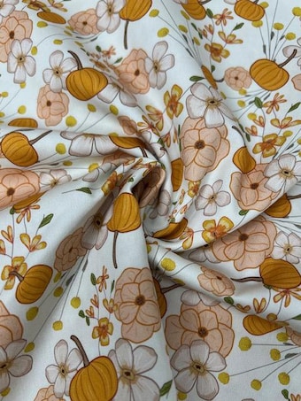 Autumn Pumpkin & Floral Cotton Fabric - 58-60" Wide 4oz Quilting Cotton - Fall Harvest Print on 100% woven cotton fabric
