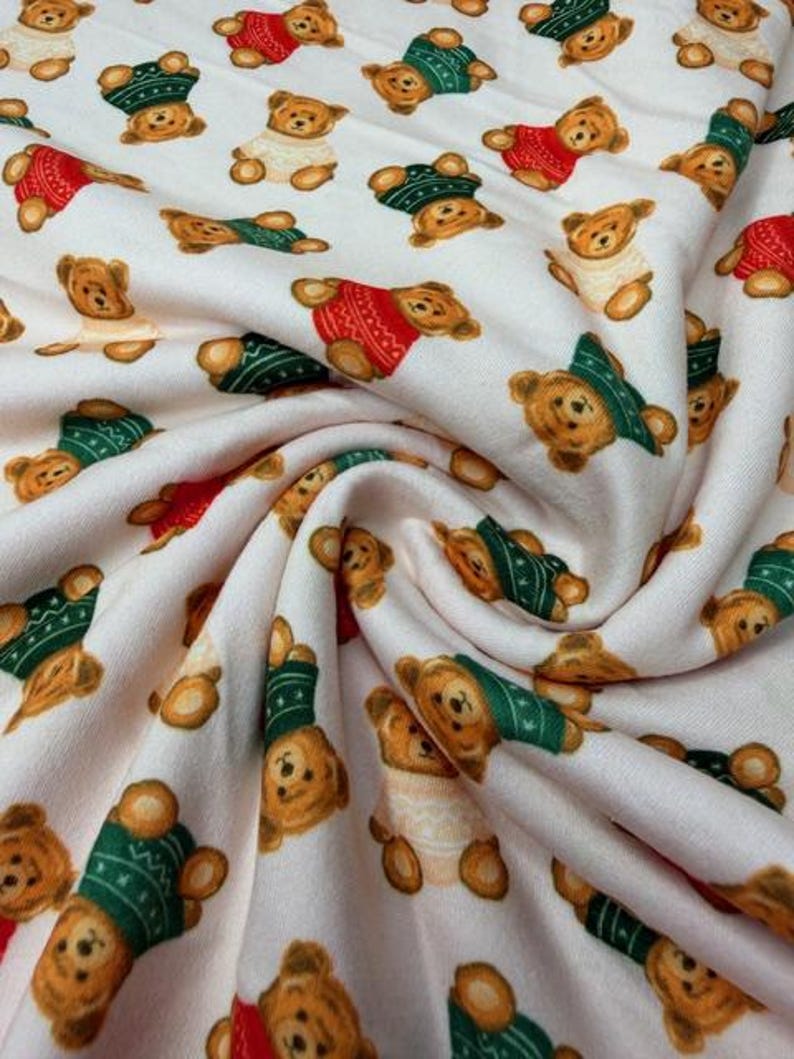 Mini Holiday Teddy Bears in Sweaters DBP Fabric by the Yard on double brushed poly fabric