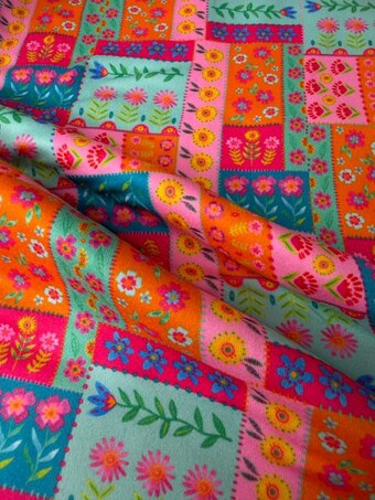 Retro Folk Art Patchwork DBP Fabric on double brushed poly fabric