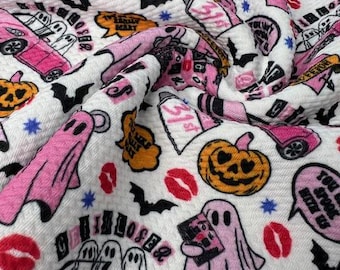 Pink Ghost Bullet Knit Fabric - Halloween Pink Ghost & Car Print - Spooky Fun Fabric by the Yard