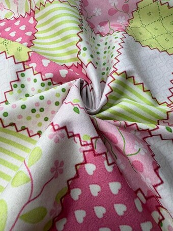 Pink Hearts & Flowers Patchwork 100% Cotton Fabric on 100% woven cotton fabric