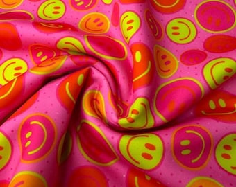 Neon Smiley Face Swim Spandex Fabric, Pink Retro Happy Face Swimwear Knit, 4-Way Stretch Chlorine Resistant Print, 60" Wide, Ships Fast!