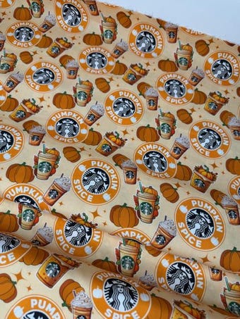 Coffee Lover's Cotton Fabric - Pumpkin Coffee on 100% woven cotton fabric