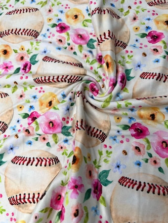 Floral Baseball DBP Knit Fabric: Cate & Rainn Fabric by the Yard on double brushed poly fabric