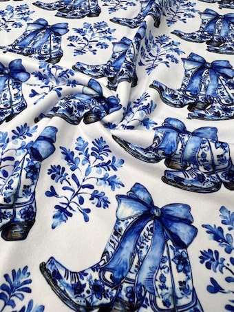 Cowgirl Boot DBP Knit Fabric: Blue Floral Chinoiserie Print on double brushed poly fabric