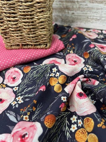Dark Floral Cotton Fabric: Pink Rose Garden Quilt Material - 60" Wide on 100% woven cotton fabric