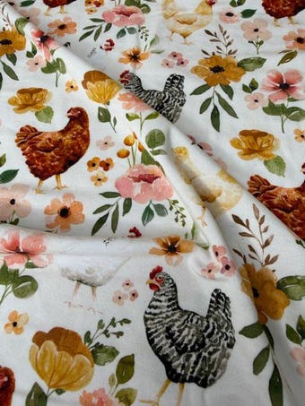 Autumn Hen & Floral Bamboo Spandex Fabric on other fabric