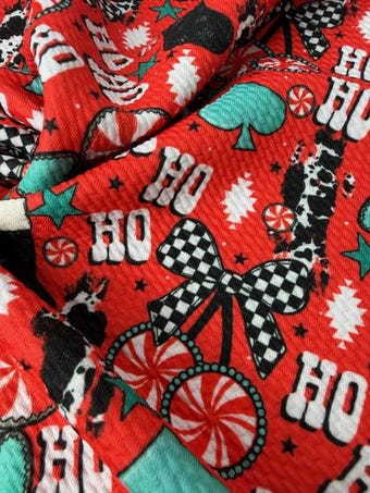 Christmas Western HO HO HO on bullet liverpool knit fabric