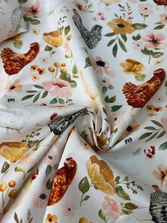 Chicken and Floral Quilting Cotton on 100% woven cotton fabric