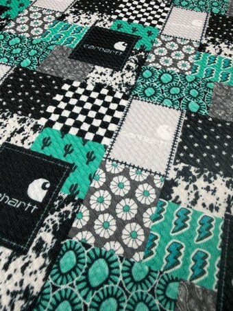 Teal Country Patchwork Bullet Fabric on bullet liverpool knit fabric