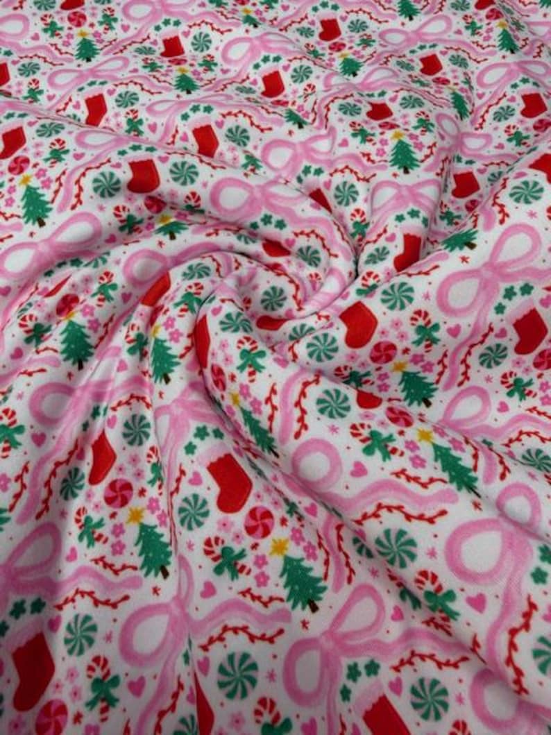 Mini Pink Bows & Christmas Doodles DBP Fabric by the Yard on double brushed poly fabric