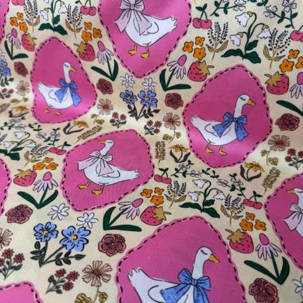 Vintage Goose & Strawberry Cotton Fabric, 58-60" Wide Cottage Core Geese with Bows Print, Retro Pink Garden Floral Cotton by the Yard