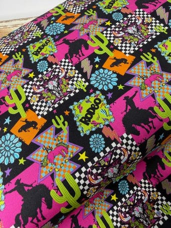 Retro Neon Rodeo Cotton Fabric - "Rodeo" Cowboy Print on 100% woven cotton fabric