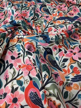 Luxurious Floral Blue Birds Satin Fabric - 58-60" Wide Silky Smooth Apparel Material by the Yard on other fabric