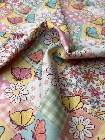 Spring Patchwork Cotton Fabric - Butterflies Daisies Hearts 58" Wide Lightweight 4 oz on 100% woven cotton fabric