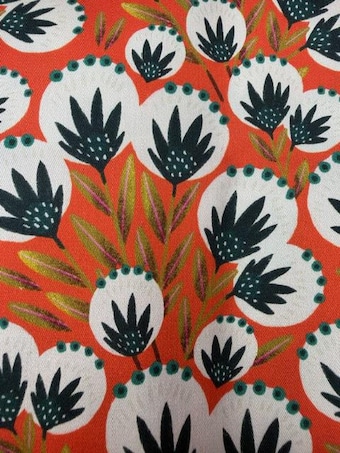 Bold Orange Floral Cotton Fabric - Mid-Century Modern Abstract Print by the Yard on 100% woven cotton fabric