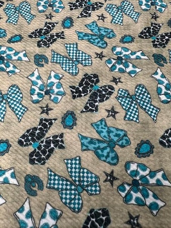 Teal & Black Western Bullet Knit Fabric - Cowboy Bows on bullet liverpool knit fabric