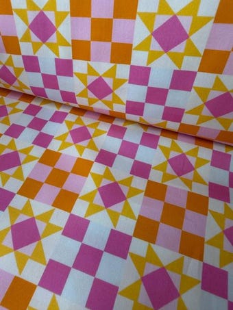 Pink and Orange Patchwork Cotton Fabric on 100% woven cotton fabric