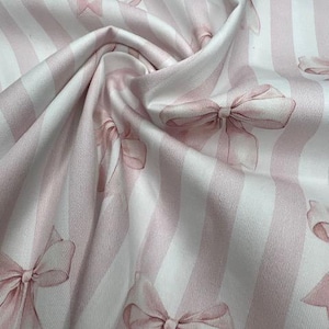Pink Bow & Stripe Cotton Fabric - 58-60&quot; Wide 4oz Quilting Cotton - Sweet Ribbon Print