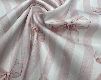 Pink Bow & Stripe Cotton Fabric - 58-60" Wide 4oz Quilting Cotton - Sweet Ribbon Print