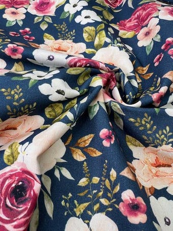 Felicity Floral Cotton Fabric: Navy Blue Quilting Cotton on 100% woven cotton fabric
