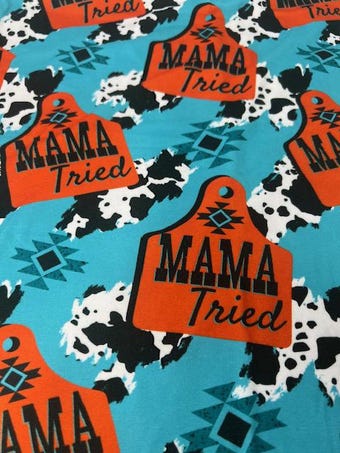 Mama Tried Western Knit Fabric: Cowhide Aztec Print DBP - Turquoise & Orange on double brushed poly fabric