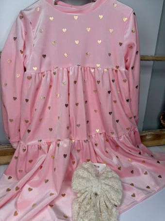 Baby Pink Velvet Heart Dress: Knit Holiday Dress — handmade children's apparel, Christmas pajamas and holiday dresses