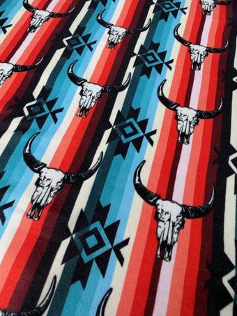 Longhorn Skull Aztec DBP Knit Fabric on double brushed poly fabric