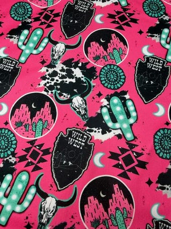 Hot Pink Western DBP. Featuring a modern rodeo collage of bull skulls on double brushed poly fabric