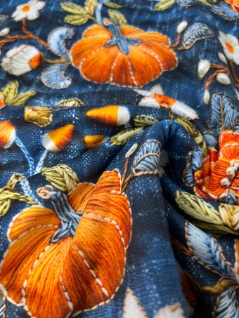 3D Fall Pumpkin Knit Fabric: Dark Blue DBP 4-Way Stretch on double brushed poly fabric