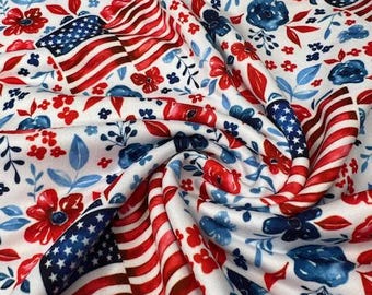 USA Flags with Florals DBP Fabric, Super Soft & Stretchy DBP Fabrics, Vibrant and perfect for blouses or dresses, Fourth of July