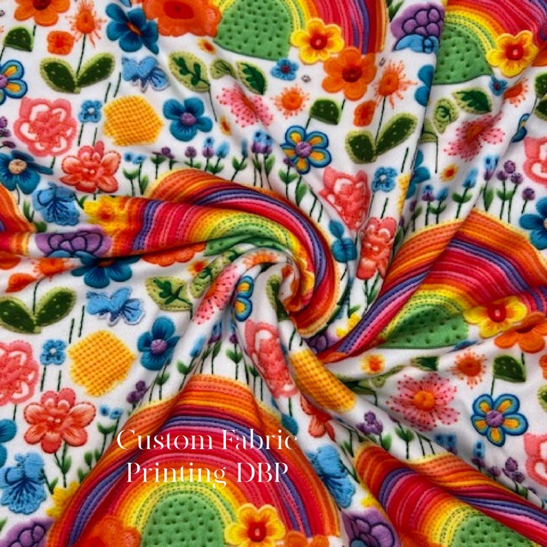 May include: White fabric with a vibrant floral and rainbow pattern. The design features colorful flowers, rainbows, and butterflies. The text "Custom Fabric Printing DBP" is visible on the fabric.