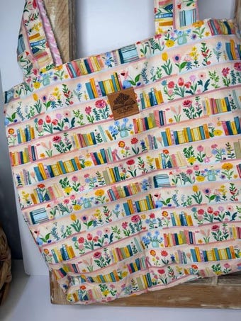 Watercolor Bookish & Floral Tote Bag on 100% woven cotton fabric