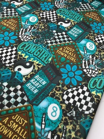 Premium Swim Spandex Fabric – "Just A Small Town Girl" Edgy Western Print on swim fabric
