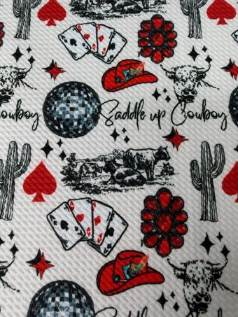 Saddle Up Cowboy" Disco Western Bullet Fabric on bullet liverpool knit fabric
