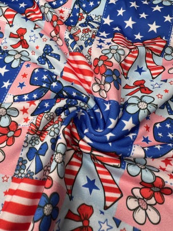 USA Coquette Patchwork DBP Fabric: Soft & Stretchy Fourth of July Fabric on double brushed poly fabric