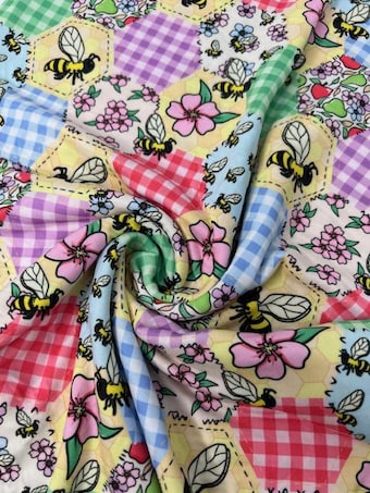 Busy Bees & Hexagon Patchwork DBP Fabric - 58-60" Wide Soft Knit - Gingham and Fruit Print on double brushed poly fabric