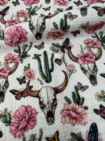 Vintage Floral Bull Skull Bullet Fabric on bullet liverpool knit fabric